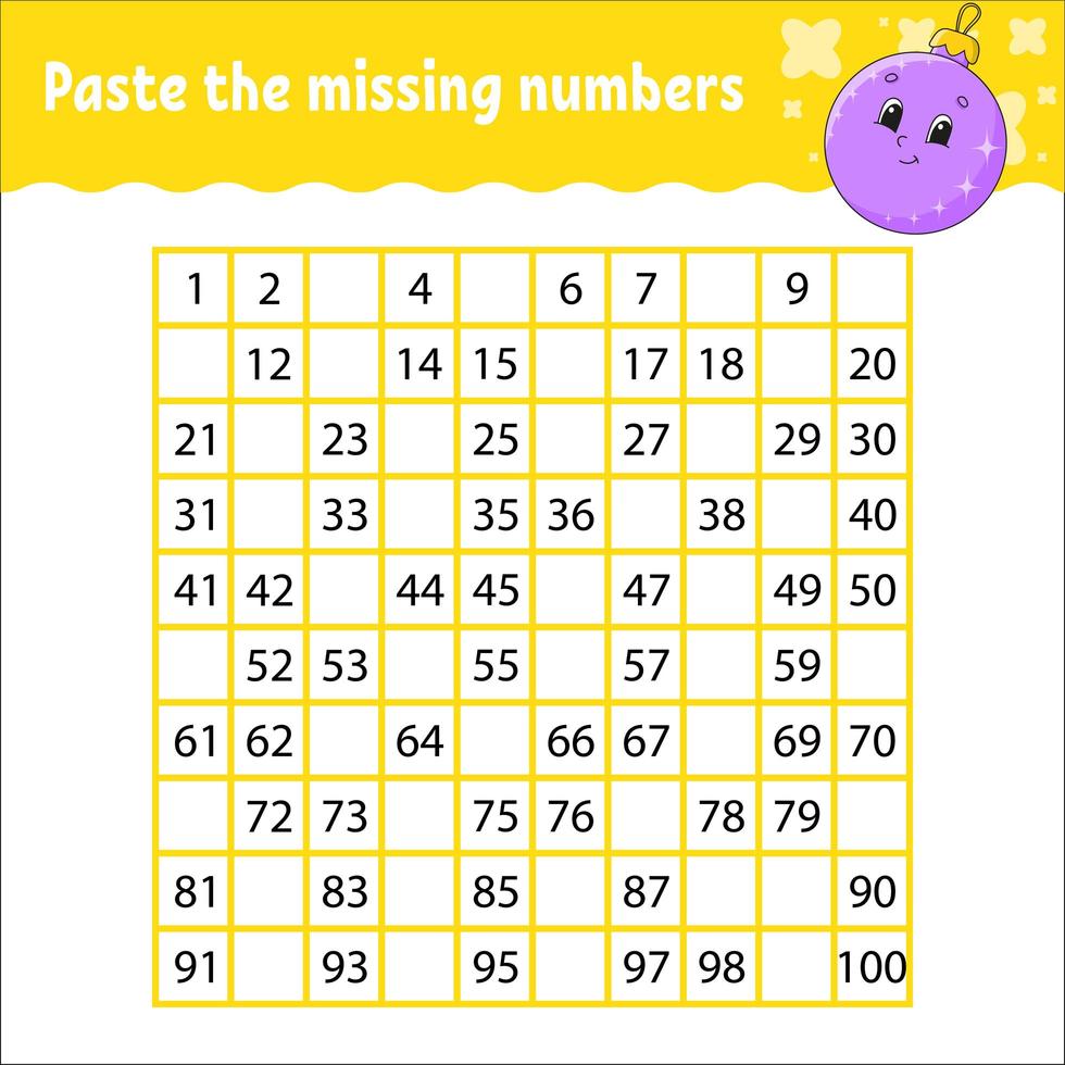 Paste the missing numbers. Handwriting practice. Learning numbers for kids. Education developing worksheet. Activity page. Game for children. Isolated vector illustration in cute cartoon style.