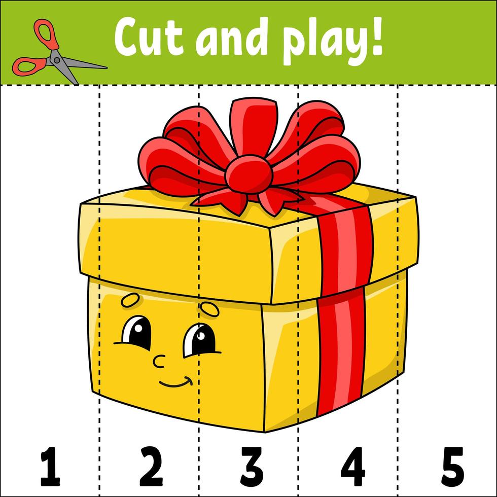 Learning numbers. Cut and play. Education developing worksheet. Game for kids. Activity page. Puzzle for children. Riddle for preschool. Flat isolated vector illustration. Cute cartoon style.