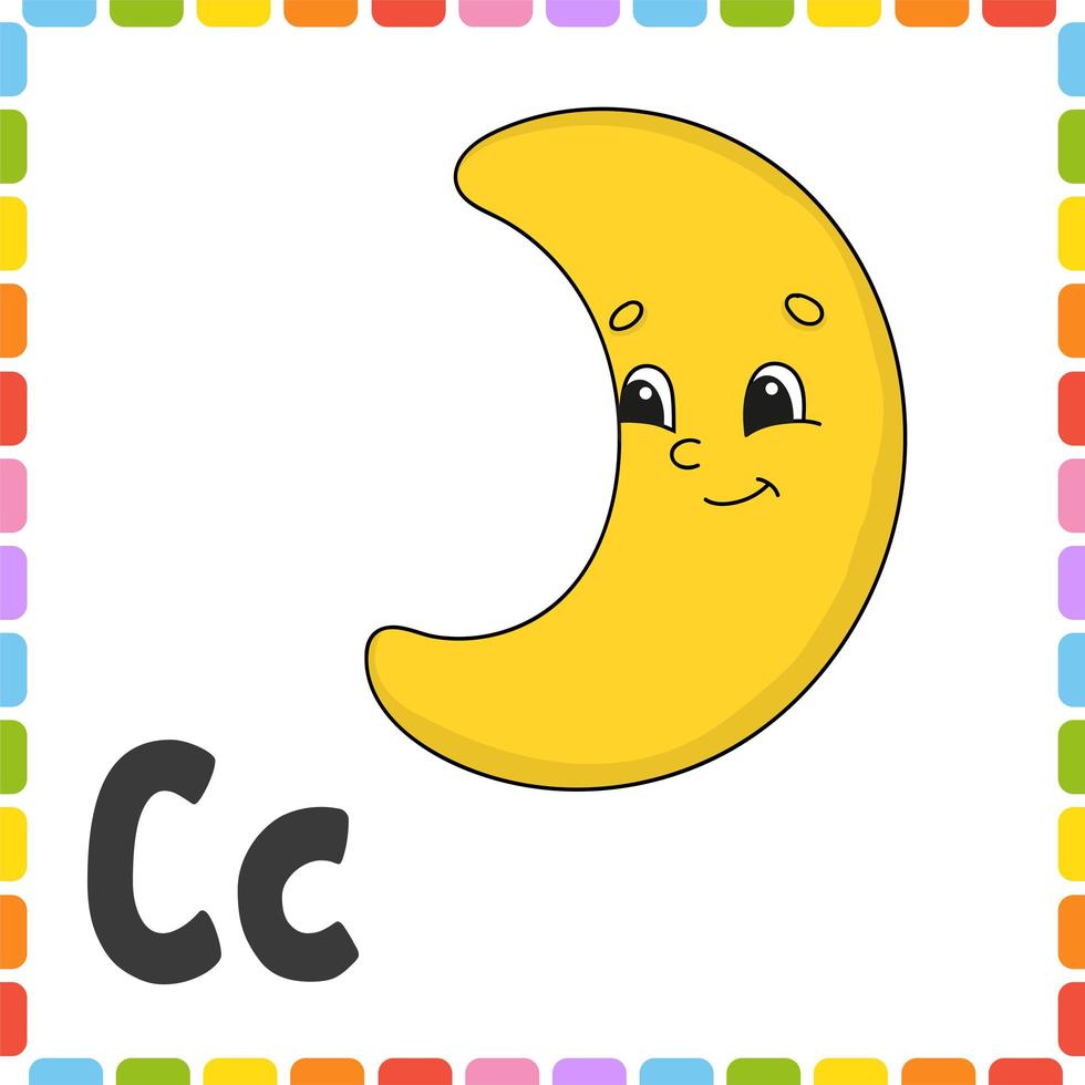 Funny alphabet. Letter C - crescent. ABC square flash cards. Cartoon character isolated on white background. For kids education. Developing worksheet. Learning letters. Color vector illustration.