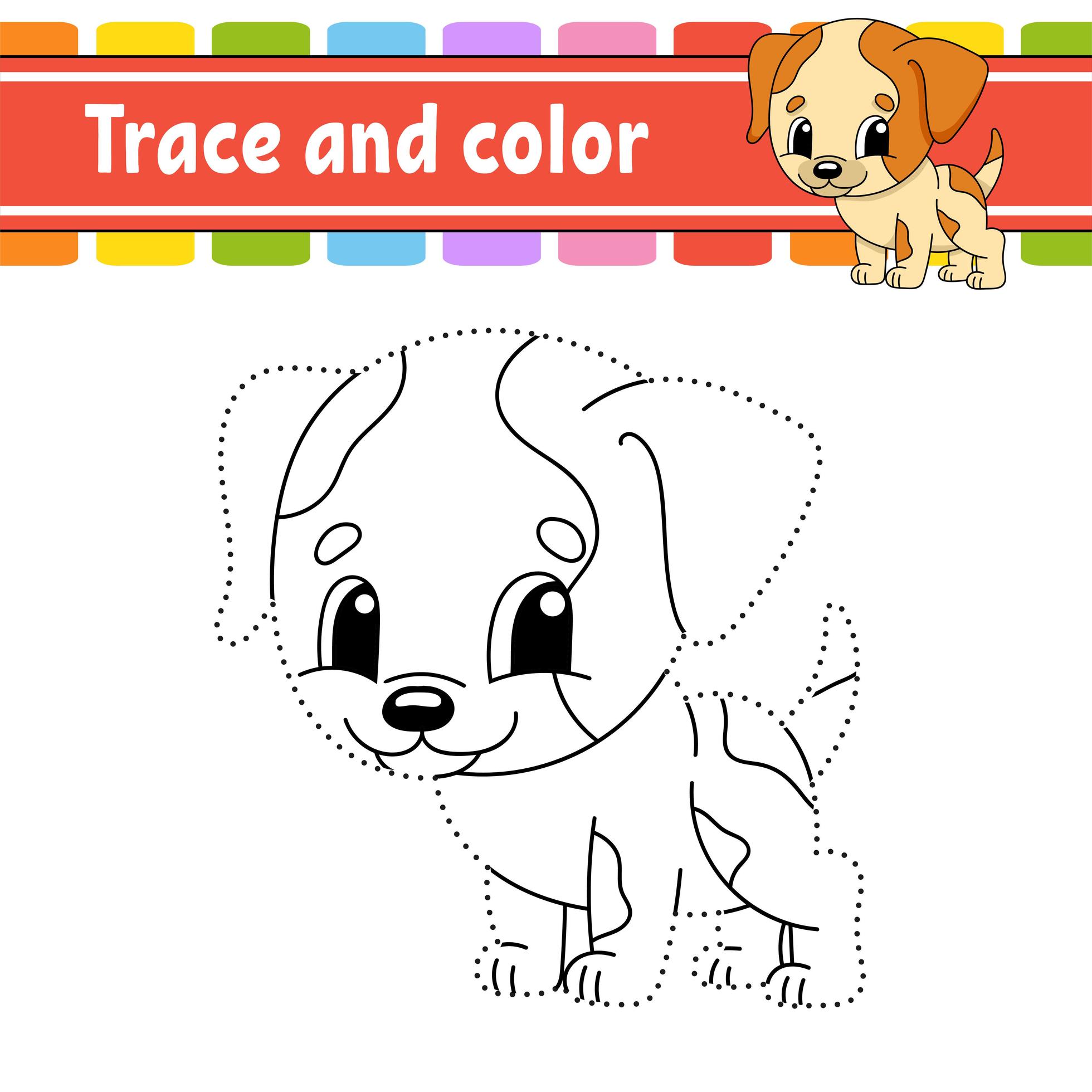 Trace and color. Dog animal. Coloring page for kids. Handwriting