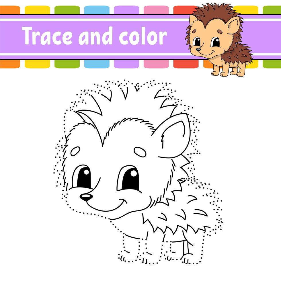 Trace and color. Coloring page for kids. Handwriting practice. Education developing worksheet. Hedgehog animal. Activity page. Game for toddlers. Isolated vector illustration. Cartoon style.