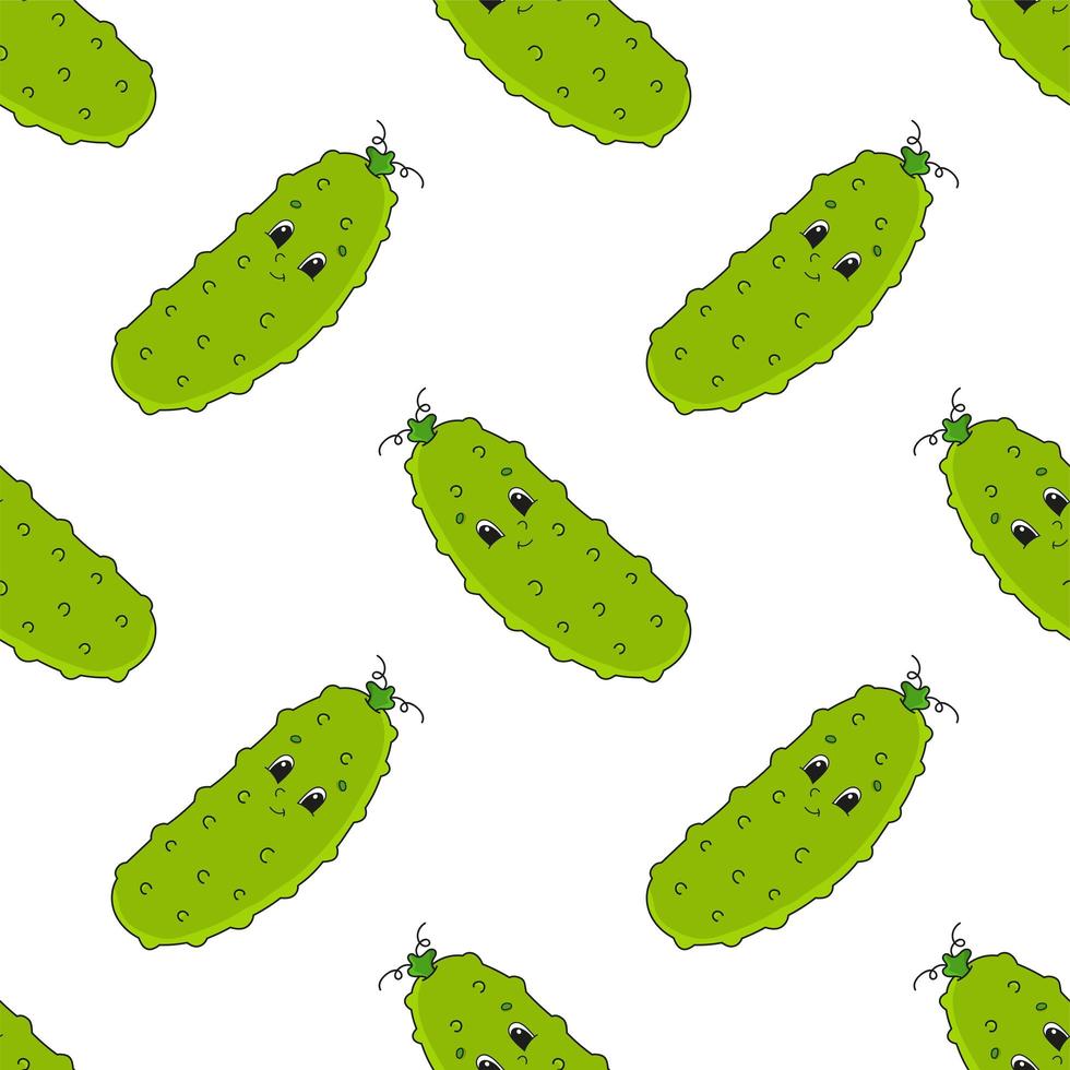 Colored cartoon seamless pattern. Vegetable cucumber. Cartoon style. Hand drawn. Vector illustration isolated on white background.