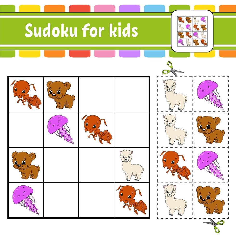 Sudoku for kids. Education developing worksheet. Activity page with pictures. Puzzle game for children. Set animals. Isolated vector illustration. Funny character. Cartoon style.