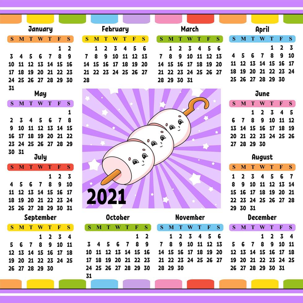 Calendar for 2021 with a cute character. Fun and bright design. Isolated color vector illustration. Cartoon style.