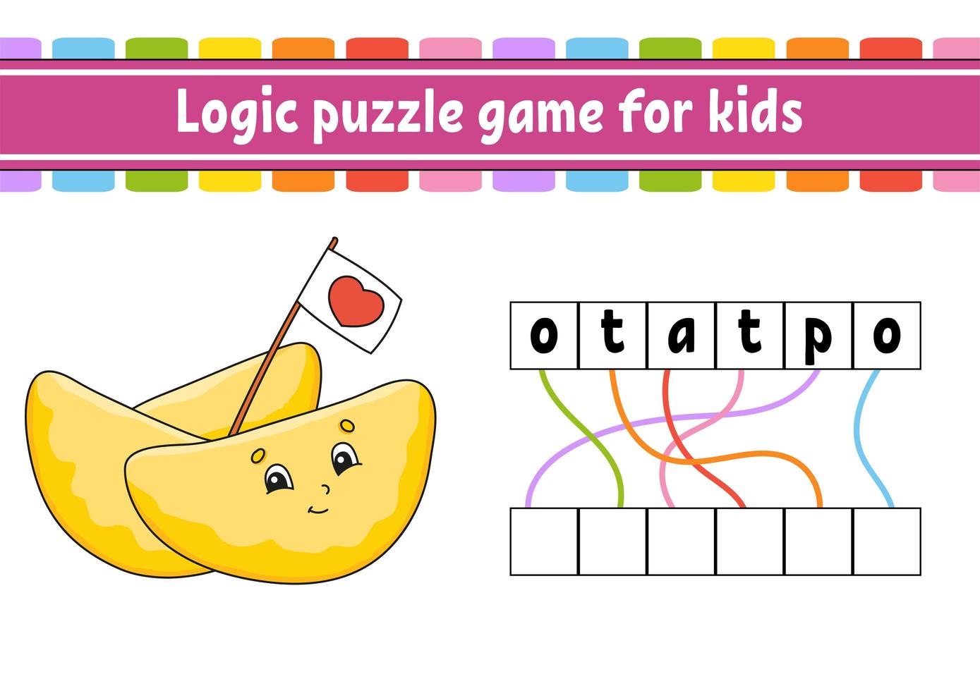 Logic puzzle game. Learning words for kids. Find the hidden name. Worksheet, Activity page. English game. Isolated vector illustration. Cartoon character.