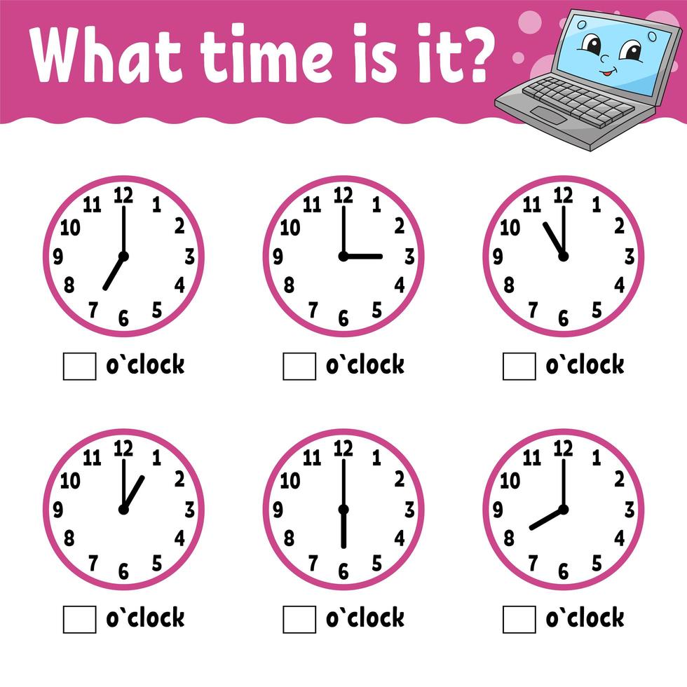 Learning time on the clock. Educational activity worksheet for kids and toddlers. Game for children. Simple flat isolated color vector illustration in cute cartoon style.