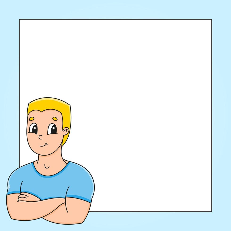 Cute cartoon character with place for text. Strong smiling young man. Hand drawn. Vector illustration isolated on color background. Comic doodle style.