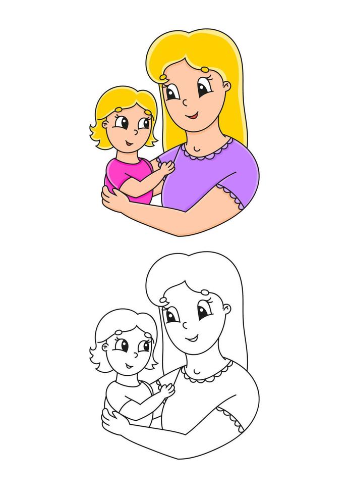 libro para colorear para niños. madre e hijo. carácter alegre. ilustración vectorial. estilo de dibujos animados lindo. silueta de contorno negro. aislado sobre fondo blanco. vector