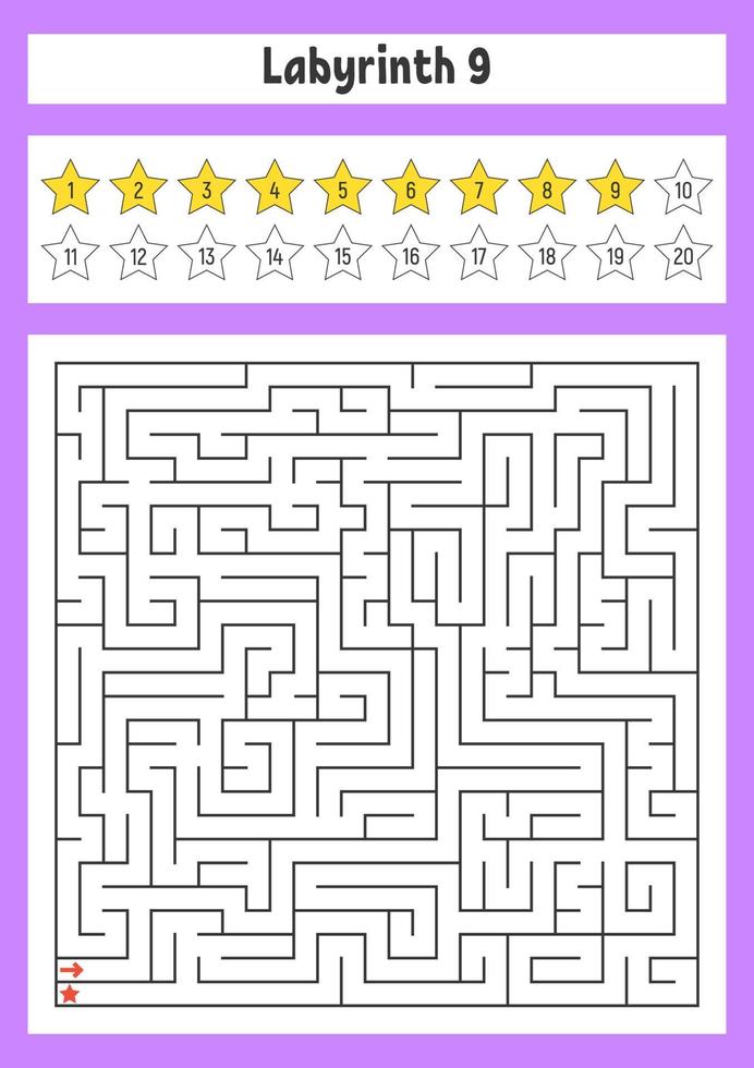 Square maze. Game for kids. Puzzle for children. Labyrinth conundrum. Color vector illustration. Find the right path. The development of logical and spatial thinking.