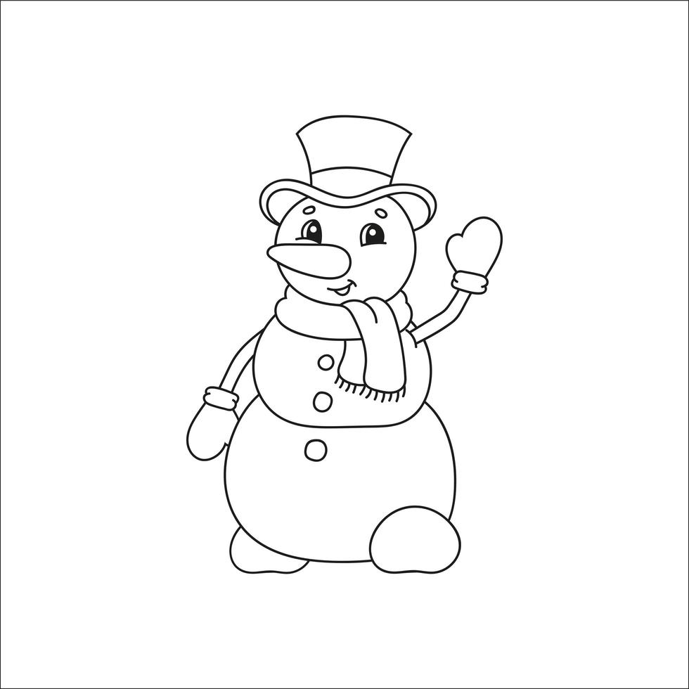 Snowman in a hat. Coloring book for kids. Cheerful character. Vector illustration. Cute cartoon style. Fantasy page for children. Black contour silhouette. Isolated on white background.