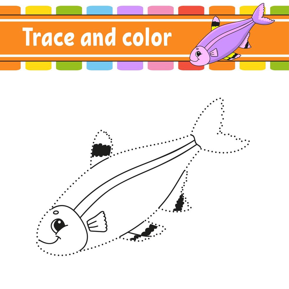 Trace and color. Fish. Coloring page for kids. Handwriting practice. Education developing worksheet. Activity page. Game for toddler and preschoolers. Isolated vector illustration. Cartoon style.