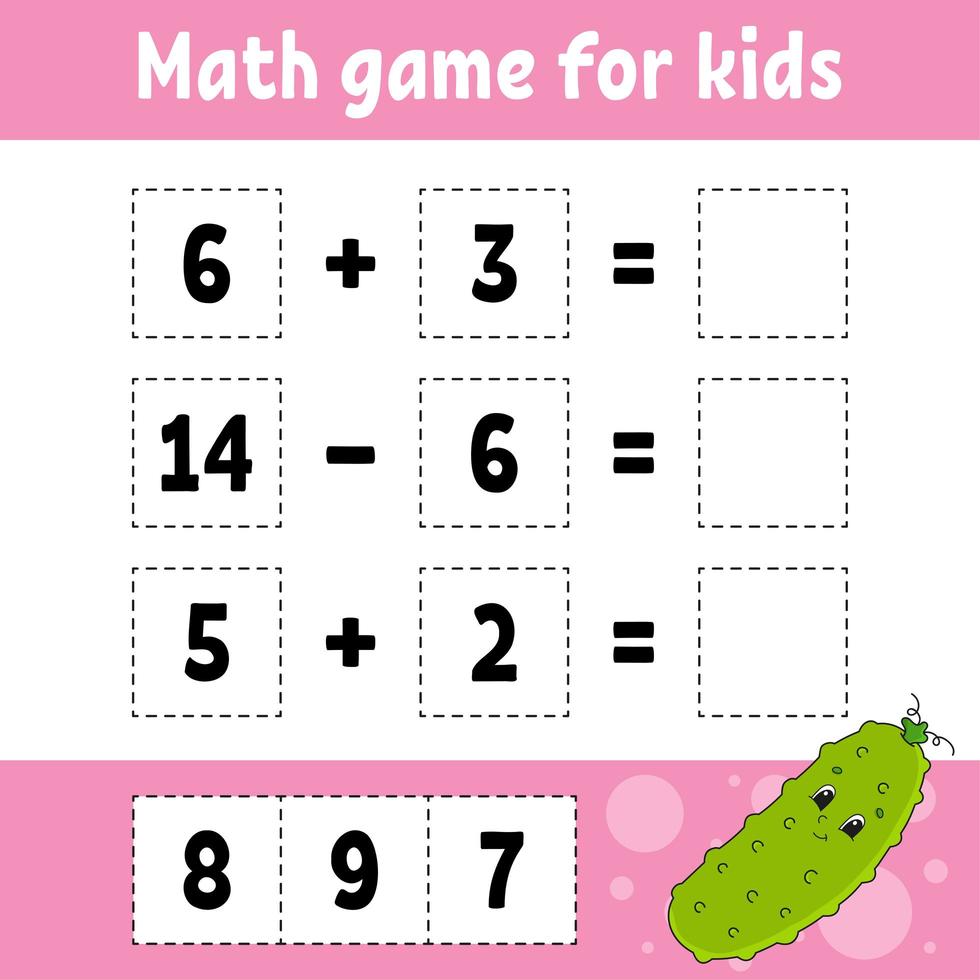 Math game for kids. Education developing worksheet. Activity page with pictures. Game for children. Color isolated vector illustration. Funny character. Cartoon style.