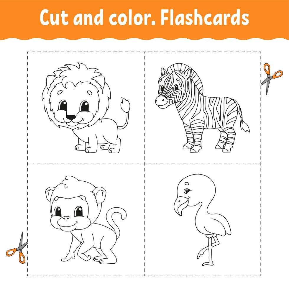 Cut and color. Flashcard Set. flamingo, lion, zebra, monkey. Coloring book for kids. Cartoon character. Cute animal. vector
