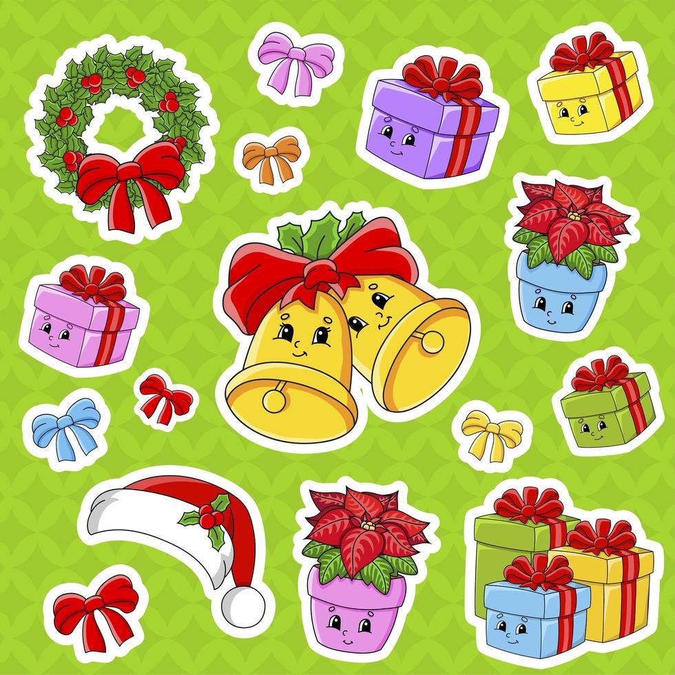 conjunto de pegatinas con lindos personajes de dibujos animados. tema de navidad. dibujado a mano. paquete de colores. ilustración vectorial. colección de insignias de parche. elementos de diseño de etiquetas. para planificador diario, diario, organizador. vector