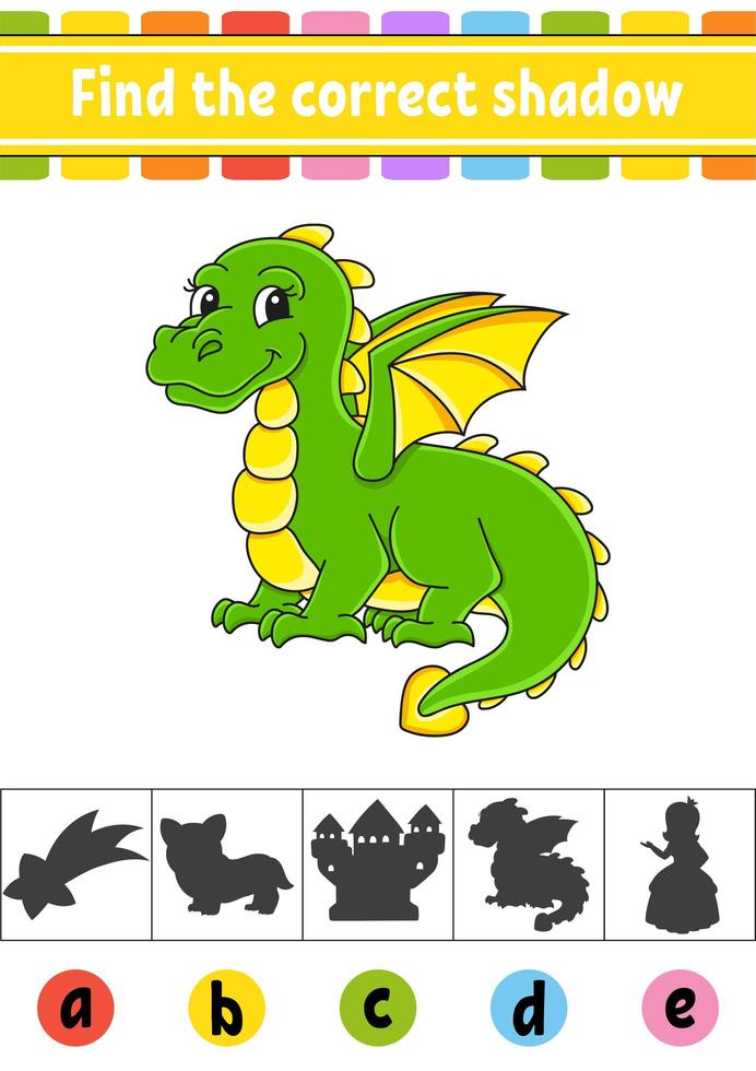 Find the correct shadow. Education developing worksheet. Activity page. Color game for children. Isolated vector illustration. Cartoon character.