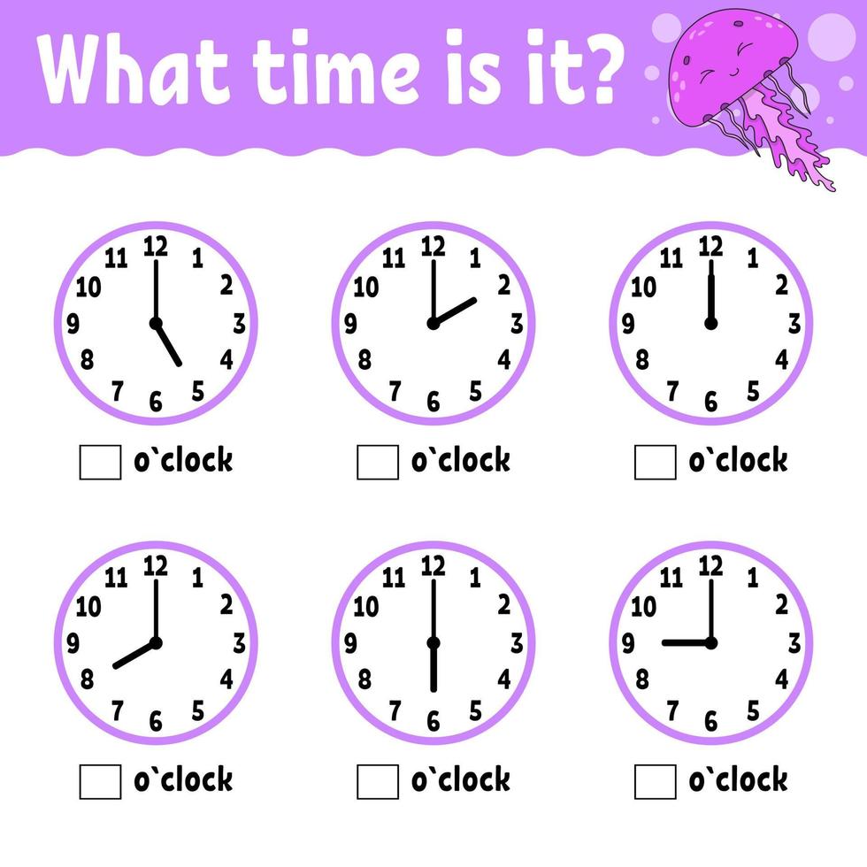 Learning time on the clock. Educational activity worksheet for kids and toddlers. Game for children. Simple flat isolated color vector illustration in cute cartoon style.