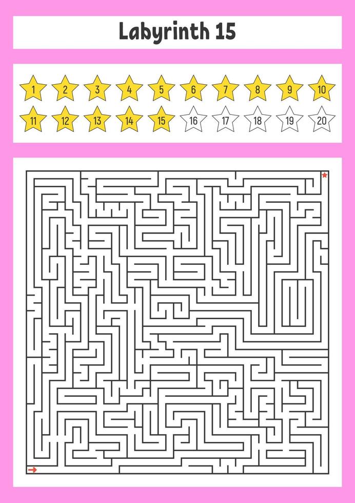 Square maze. Game for kids. Puzzle for children. Labyrinth conundrum. Color vector illustration. Find the right path. The development of logical and spatial thinking.