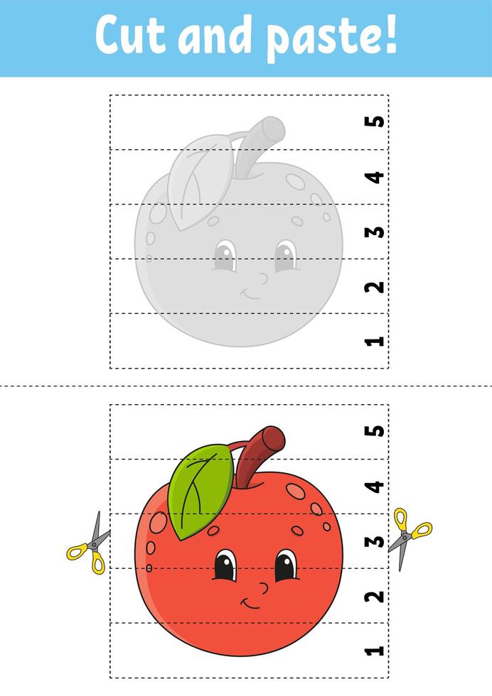 aprender los números del 1 al 5. corta y pega. personaje de manzana. hoja de trabajo de desarrollo educativo. juego para niños. página de actividad. Ilustración de vector aislado de color. estilo de dibujos animados.