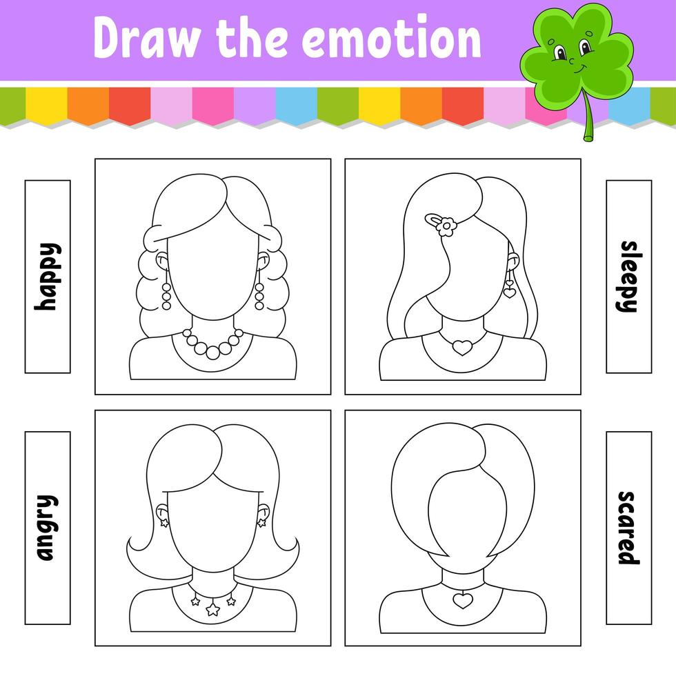 Dibuja La Emocion Hoja De Trabajo Completa La Cara Libro Para Colorear Para Ninos Caracter Alegre Ilustracion Vectorial Silueta De Contorno Negro Aislado Sobre Fondo Blanco 3772419 Vector En Vecteezy