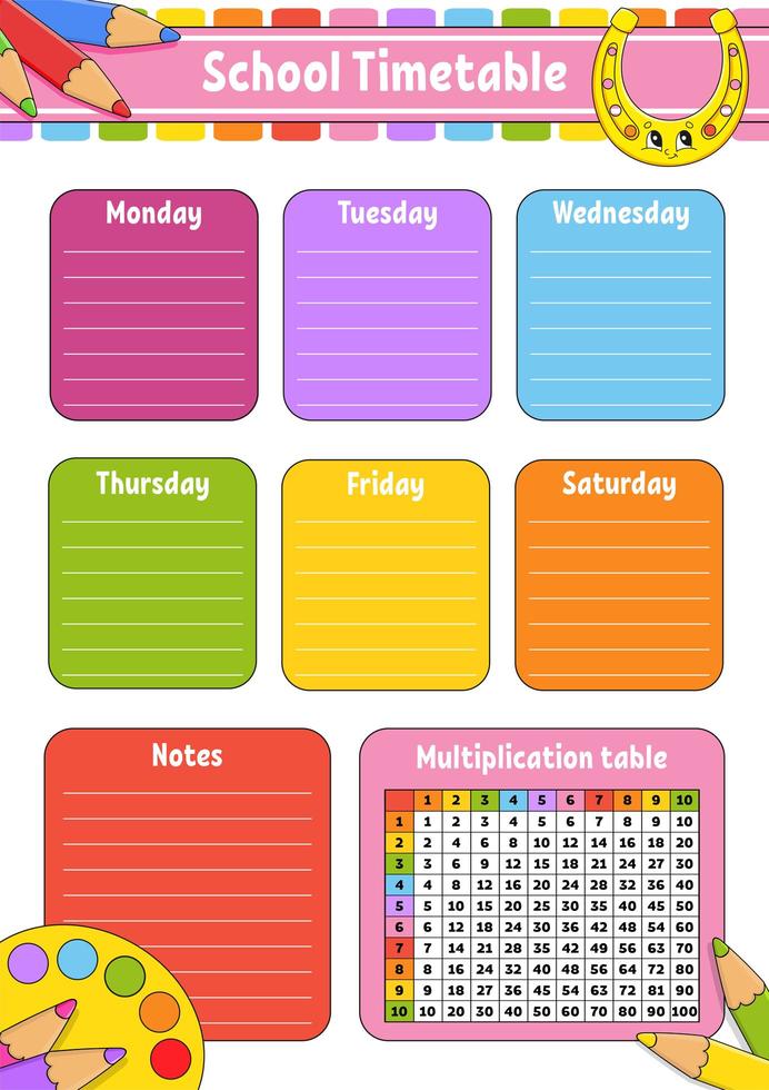 School timetable with multiplication table. For the education of children. Isolated on a white background. With a cute cartoon character. vector