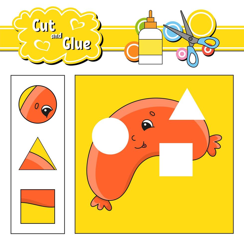 Cut and glue. Game for kids. Education developing worksheet. Cartoon character. Color activity page. Hand drawn. Isolated vector illustration.