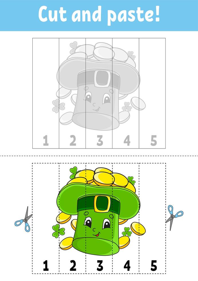 Learning numbers 1-5. Cut and glue. Cartoon character. Education developing worksheet. Game for kids. Activity page. Color isolated vector illustration. St. Patrick's day.