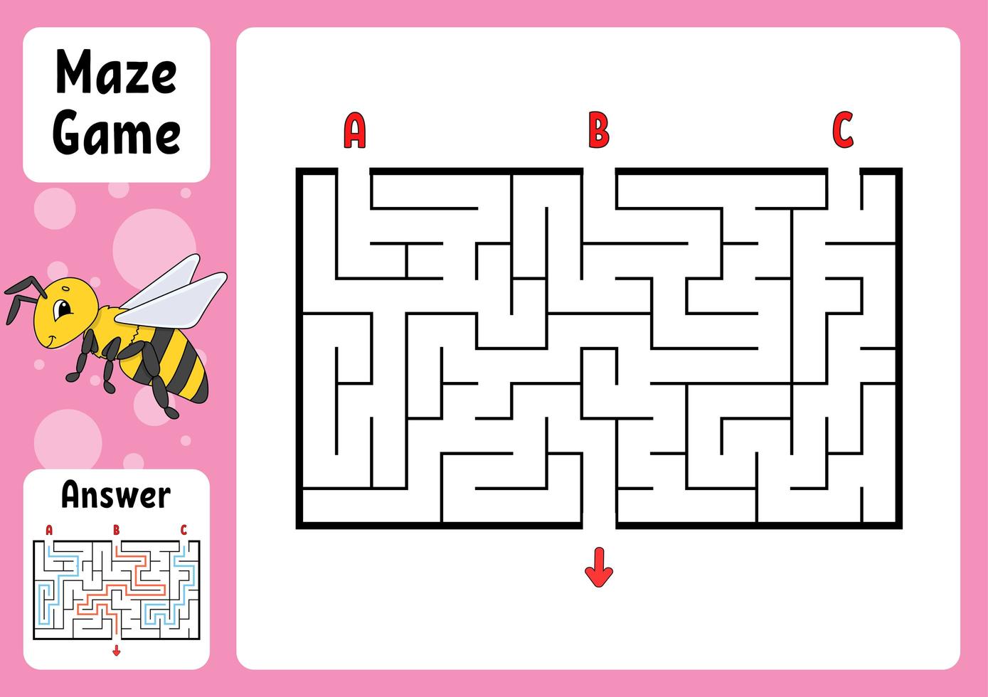 Rectangle maze. Game for kids. Three entrances, one exit. Puzzle for children. Labyrinth conundrum. Color vector illustration. Find the right path. With answer. Cartoon character. Education worksheet.