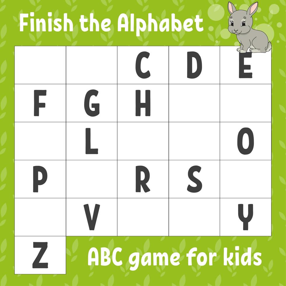 Finish the alphabet. ABC game for kids. Education developing worksheet. Learning game for kids. Color activity page. vector