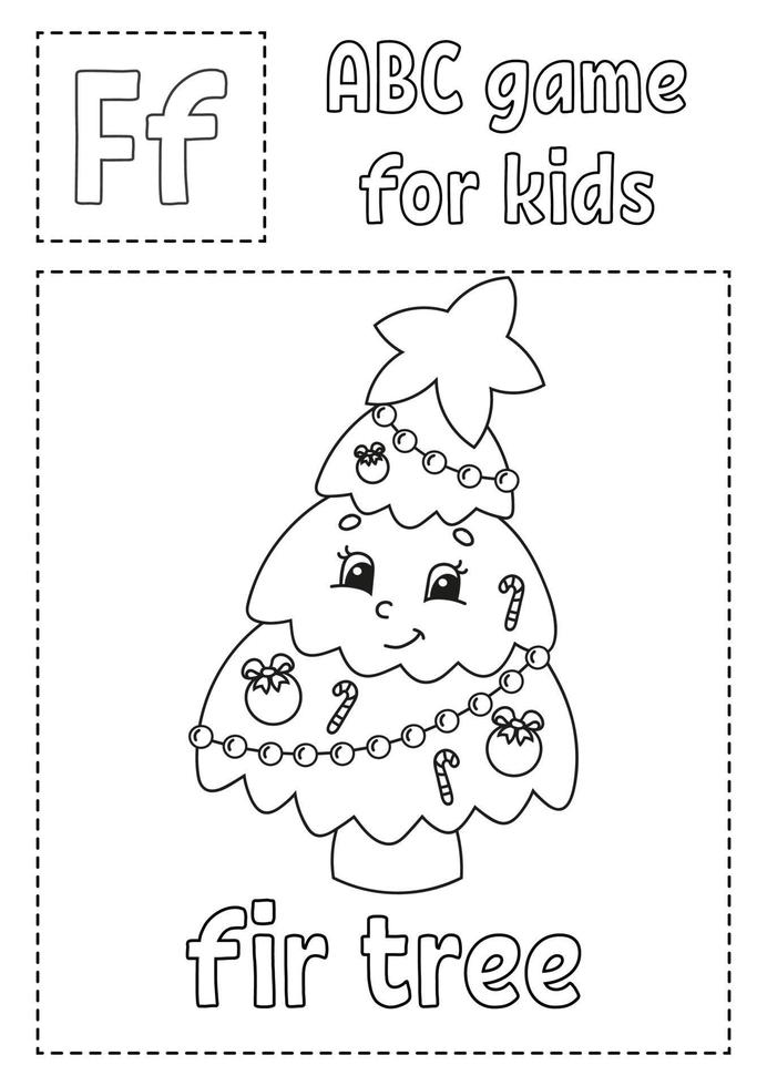 Letter F is for fir tree. ABC game for kids. Alphabet coloring page. Cartoon character. Word and letter. Vector illustration.