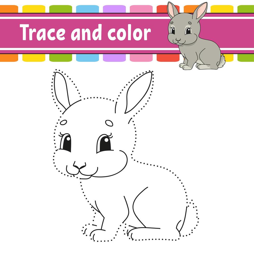 Trace and color. Rabbit bunny animal. Coloring page for kids. Handwriting practice. Education developing worksheet. Activity page. Game for toddlers. Isolated vector illustration. Cartoon style.