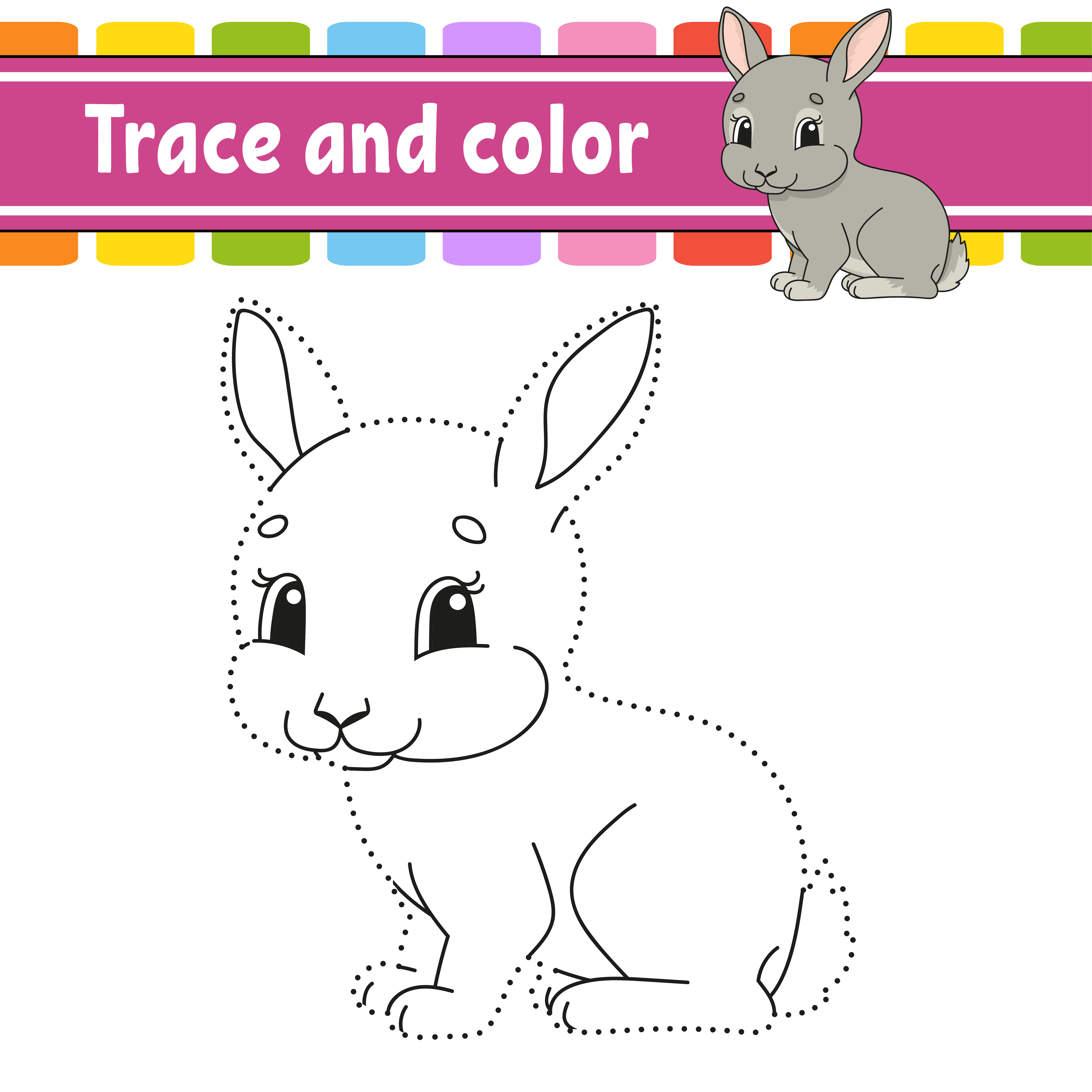 Trace and color. Rabbit bunny animal. Coloring page for kids
