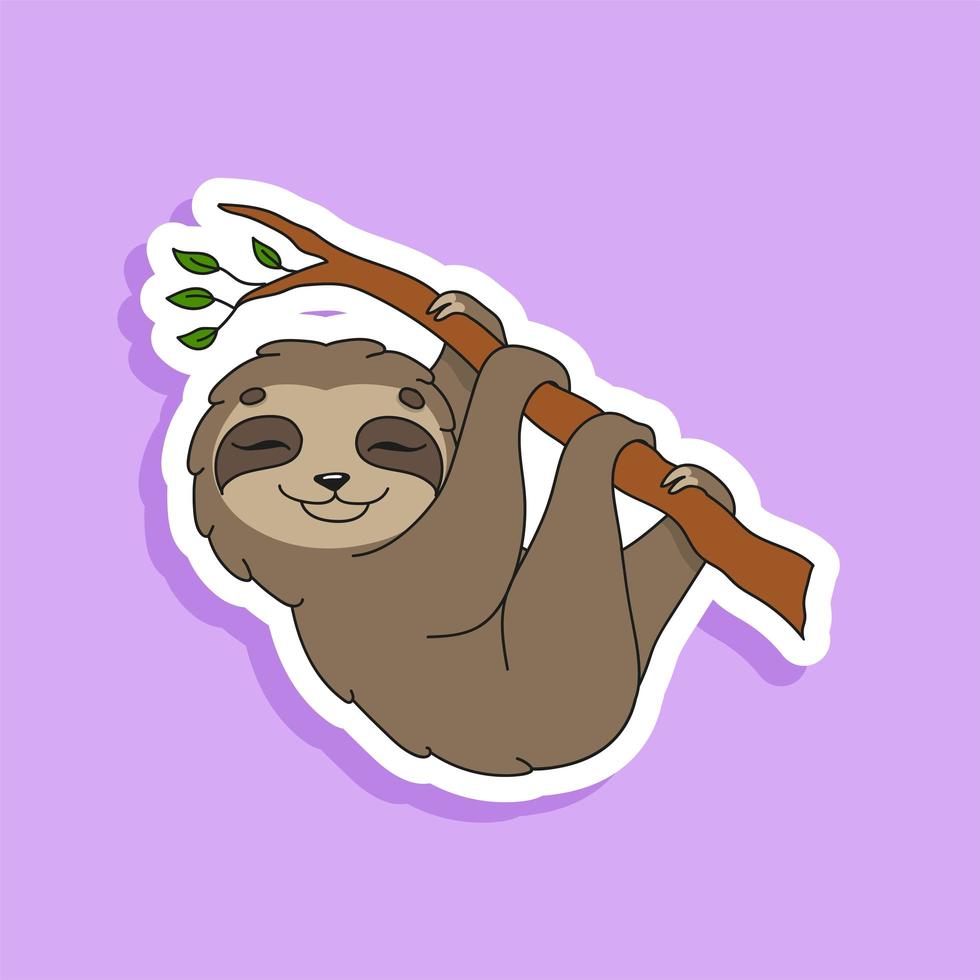Satisfied sloth. Bright color sticker of a cute cartoon character. Flat vector illustration isolated on color background. Design element.