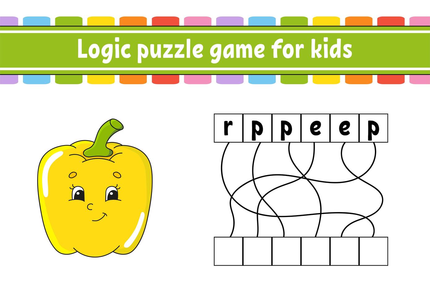 Logic puzzle game. Learning words for kids. Vegetable pepper. Find the hidden name. Worksheet, Activity page. English game. Isolated vector illustration. Cartoon character.