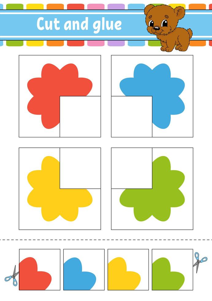 Cut and glue. Four flash cards. Color puzzle. Education developing worksheet. Activity page. Game for children. Funny character. Isolated vector illustration. Cartoon style.