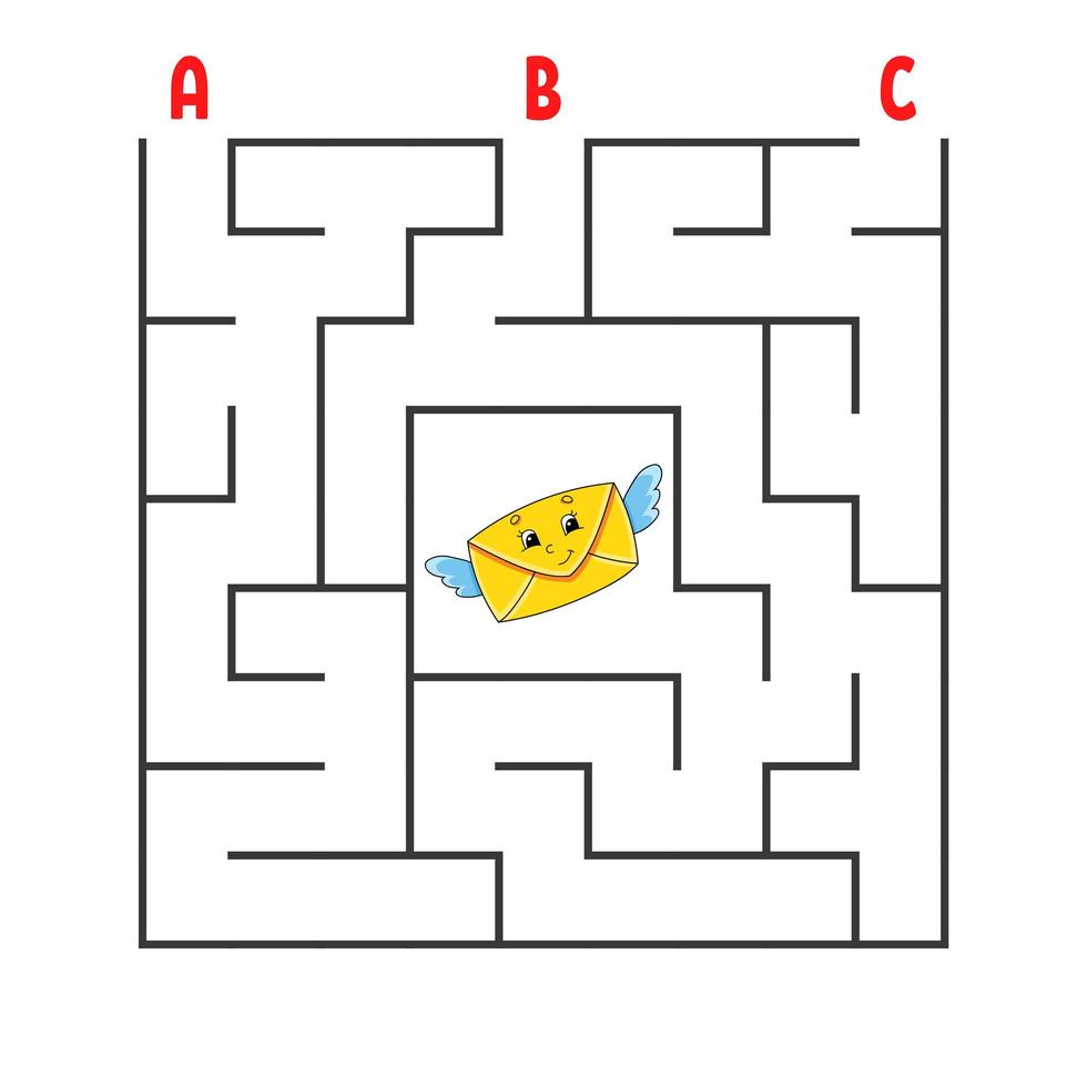 Square maze. Game for kids. Puzzle for children. Cartoon character envelope. Labyrinth conundrum. Color vector illustration. Find the right path. The development of logical and spatial thinking.