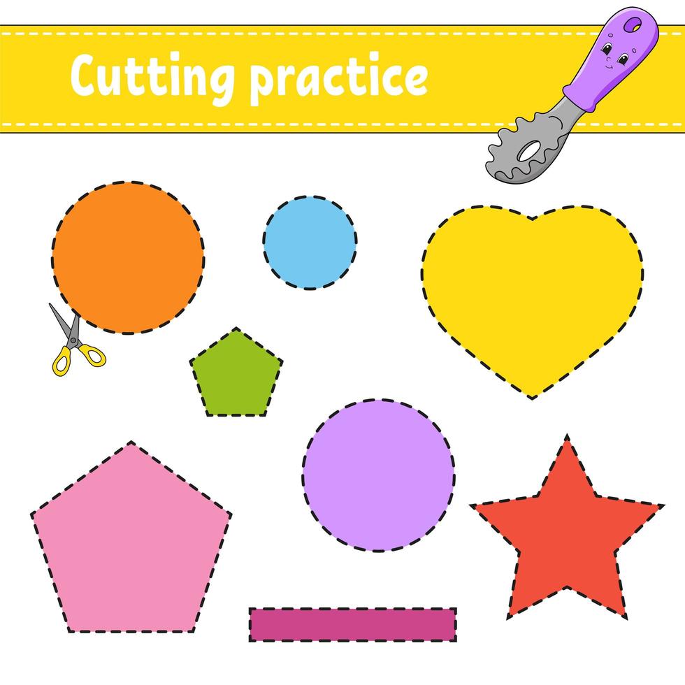 Cutting practice for kids. Education developing worksheet. Activity page with pictures. Color game for children. Isolated vector illustration. Funny character. Cartoon style.