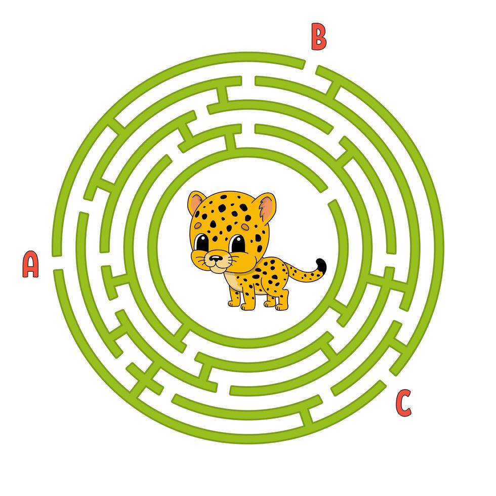Circle maze. Game for kids. Puzzle for children. Round labyrinth conundrum. Color vector illustration. Find the right path. Education worksheet.