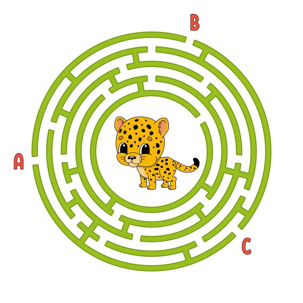 Circle maze. Game for kids. Puzzle for children. Round labyrinth conundrum. Color vector illustration. Find the right path. Education worksheet.