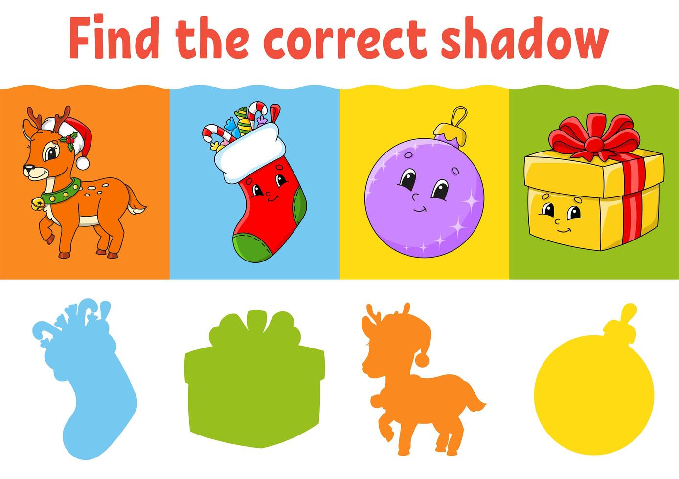 Find the correct shadow. Education worksheet. Matching game for kids. Color activity page. Puzzle for children. Cartoon character. Isolated vector illustration.