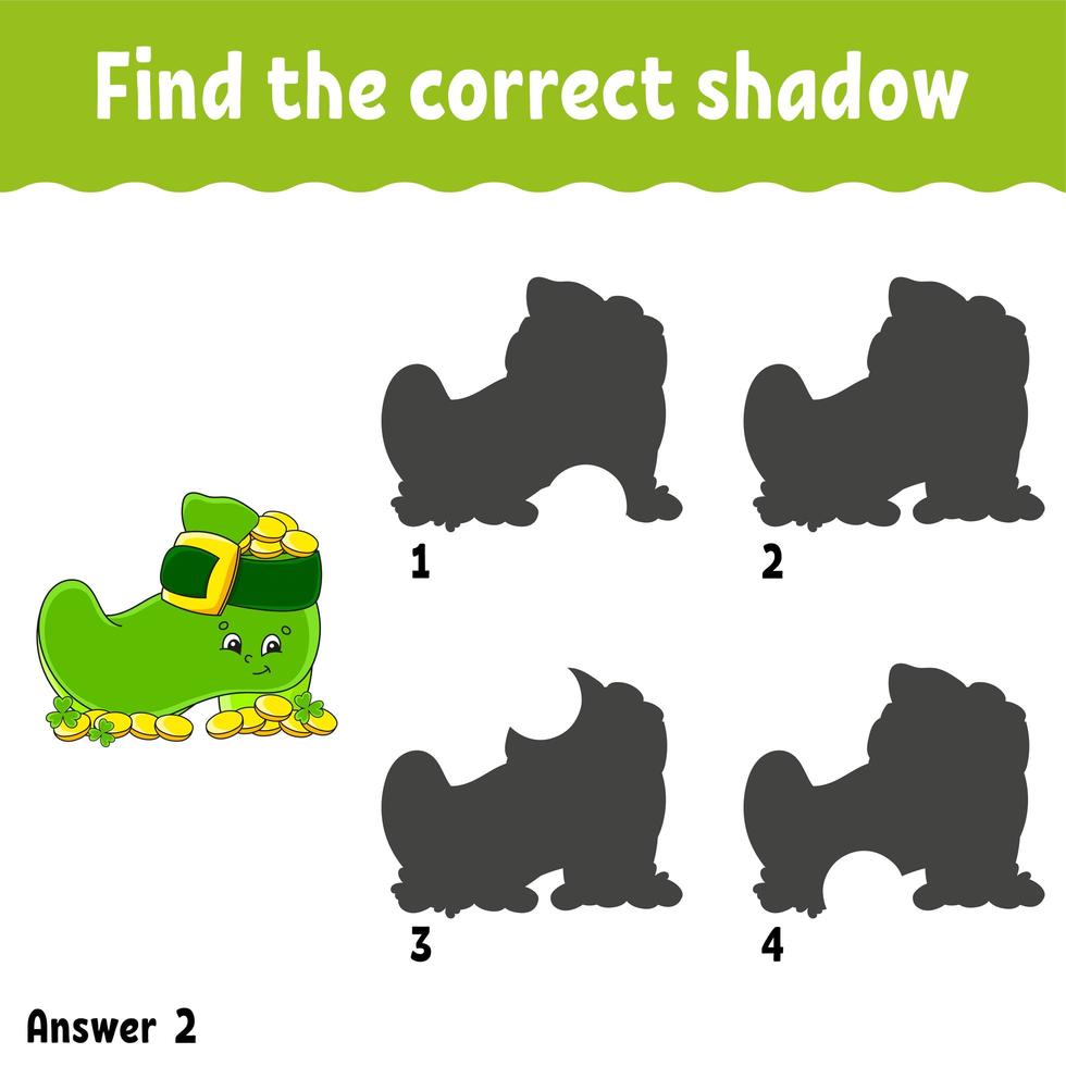 Find the correct shadow. Education developing worksheet. Matching game for kids. Activity page. Puzzle for children. Cartoon character. Isolated vector illustration. St. Patrick's day.