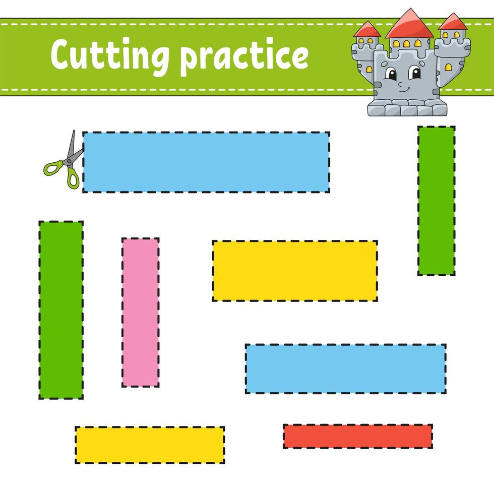 Cutting practice for kids. Education developing worksheet. Activity page with pictures. Color game for children. Isolated vector illustration. Funny character. Cartoon style.