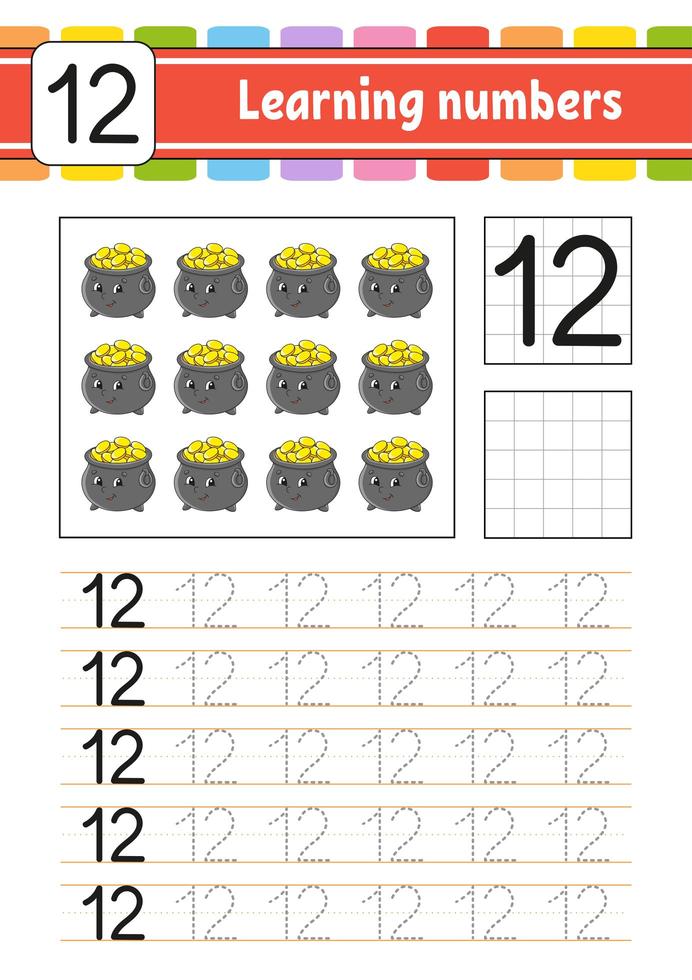 Numbers 0-9, handwriting tracing practice sheet, writing training for  children, kids preschool activity, educational game, printable worksheet,  learning to count, vector Illustration Stock Vector