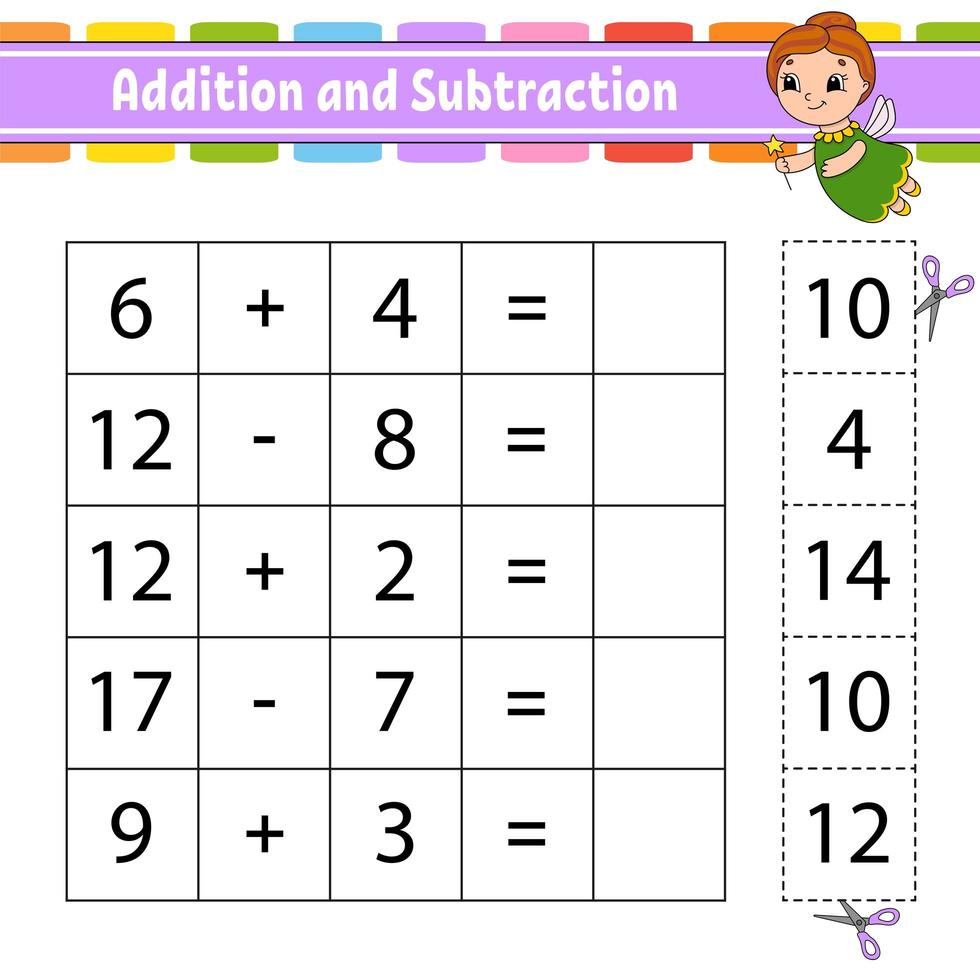 Addition and subtraction. Task for kids. Cut and paste. Education developing worksheet. Activity page. Game for children. Funny character. Isolated vector illustration. Cartoon style.