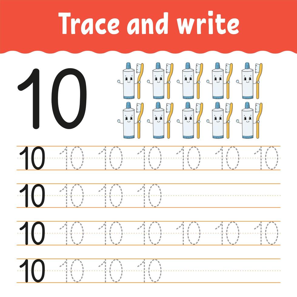 Trace and write. Number 10. Handwriting practice. Learning numbers for kids. Activity worksheet. Cartoon character. vector