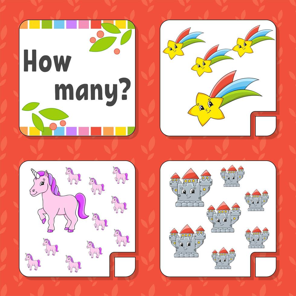 Counting game for children. Happy characters. Learning mathematics. How many object in the picture. Education worksheet. With space for answers. Isolated vector illustration in cute cartoon style.