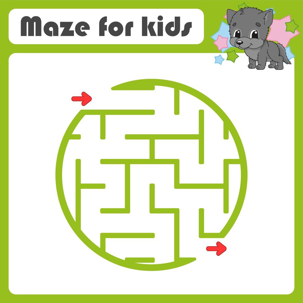 Square maze. Game for kids. Animal wolf. Puzzle for children. Cartoon style. Labyrinth conundrum. Color vector illustration. Find the right path. The development of logical and spatial thinking.