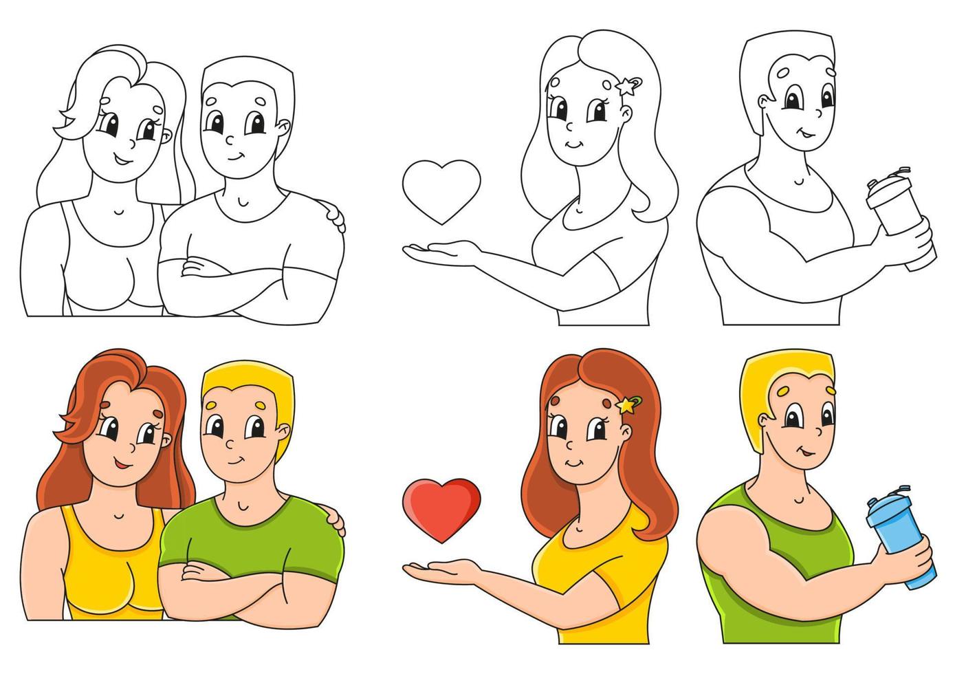 Establecer página para colorear para niños. gente feliz. lindos personajes de dibujos animados. trazo negro. con muestra. ilustración vectorial. vector
