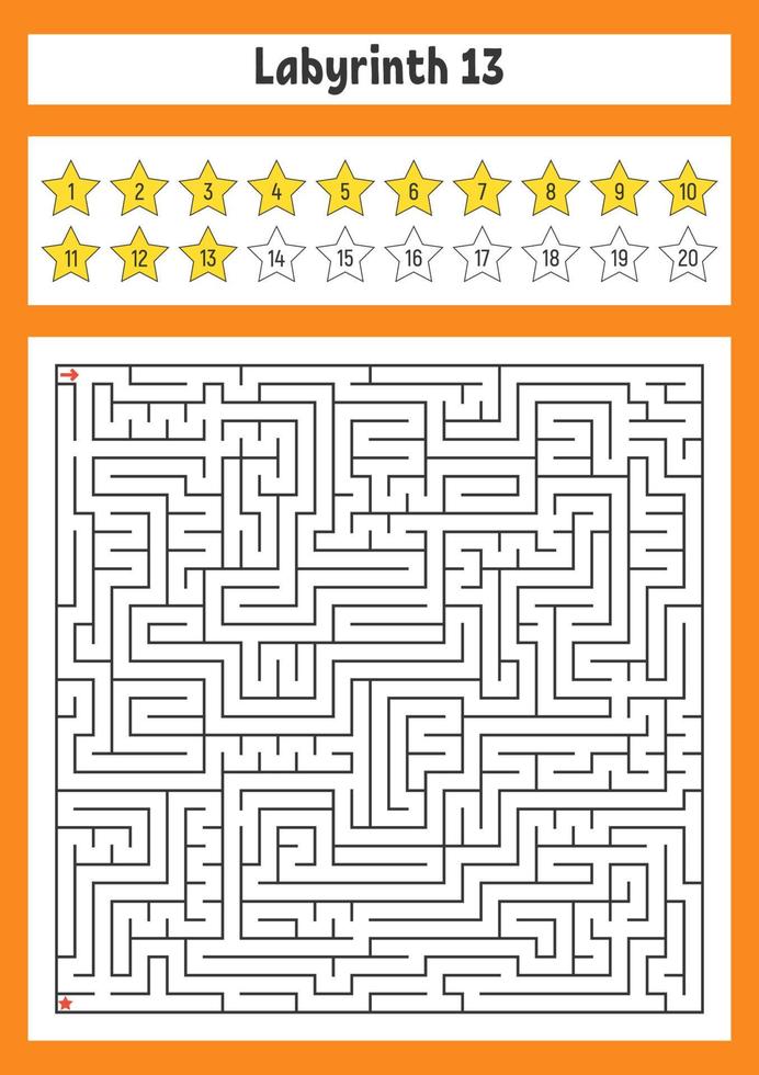 Square maze. Game for kids. Puzzle for children. Labyrinth conundrum. Color vector illustration. Find the right path. The development of logical and spatial thinking.