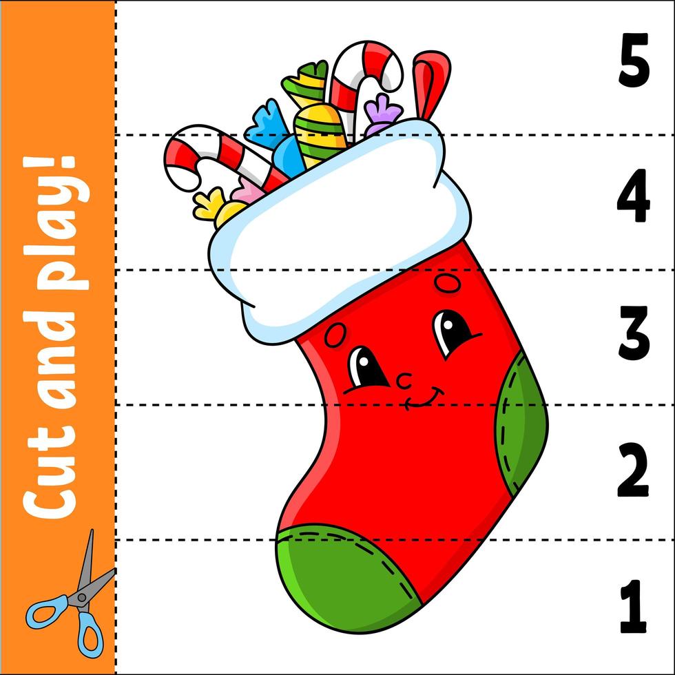 Learning numbers. Cut and play. Education developing worksheet. Game for kids. Activity page. Puzzle for children. Riddle for preschool. Flat isolated vector illustration. Cute cartoon style.