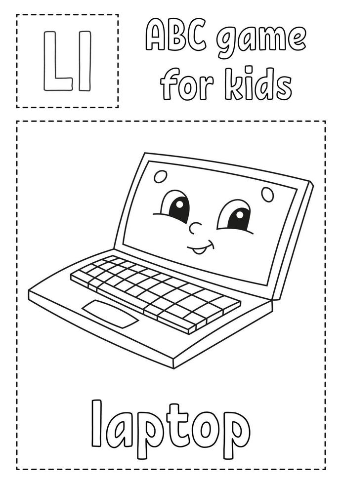 la letra l es para laptop. juego de abc para niños. Página para colorear del alfabeto. personaje animado. palabra y letra. ilustración vectorial. vector